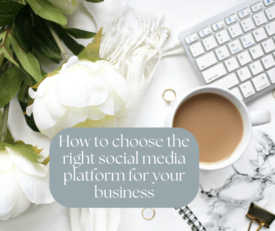 The title "How to choose the right social media platform for your business" is displayed over an aesthetic background of a desktop